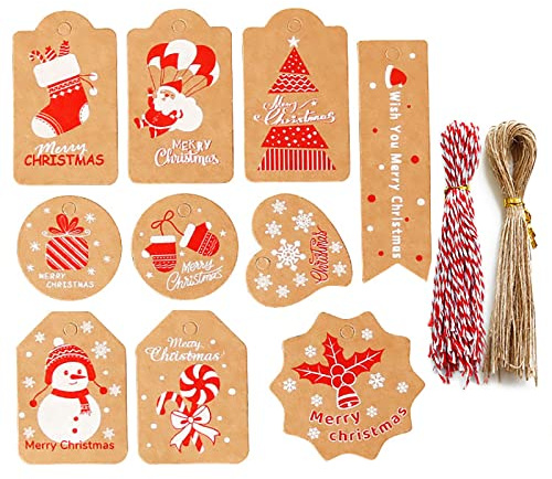 100 pezzi di etichette natalizie, 10 diversi modelli di etichette regalo di Natale, etichette natalizie in carta kraft marrone (include 100 pezzi di corda) per la decorazione di confezioni natalizie.