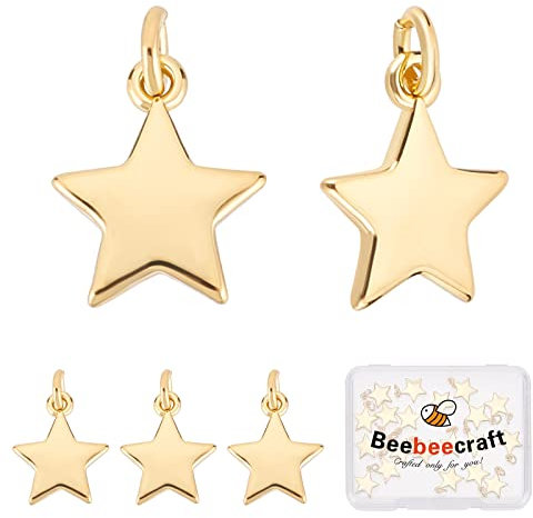 Beebeecraft 1 Box 20 Stück Goldene Stern Charms 18 Karat Vergoldete Pentagramm Anhänger Mit Biegering 10x11 mm Für DIY Schmuckherstellung Halsketten Armbänder