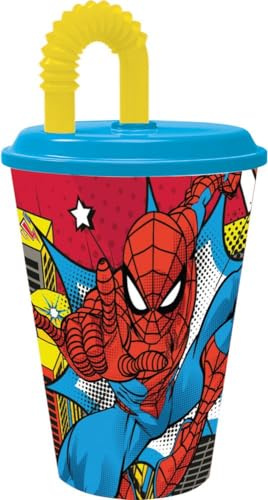 Marvel Bicchiere azzurro e giallo per bambini in plastica Spiderman Uomo Ragno 430 ml con cannuccia e coperchio flessibile