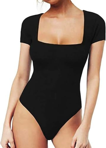FFWTPY Body Manche Courte Femme Bodysuit Carré Col Moulant Shapewear Élégant Bodys pour Quotidien Top Basique Confortable String Extensible Sculptant