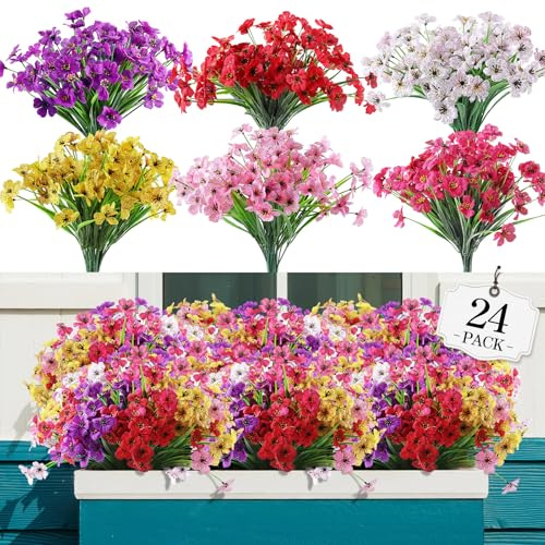 AGIRL 24 Bundles Artificial Flowers for Outdoor,Fake Flowers No Fade Plastic Faux Plants for Decoration Hanging Planters Outdoor&Indoor Garden Patio Porch Window Party Farmhouse