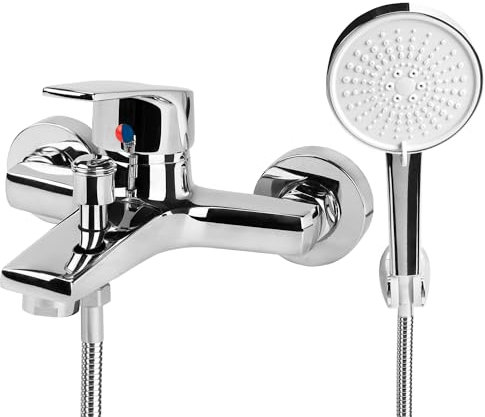 Mitigeur Baignoire, Robinet Baignoire avec Douchette 5 Jets, Mitigeur de Douche Mural Robinet de Bain Laiton Mitigeur de bain cascade Robinet Bain Douche pour Salle de Bain(Chromé)