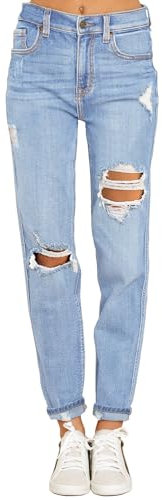 Roskiky Damen Jogginghose Baumwolle Straight Leg Jeans Elastische Mom Fit Blau M