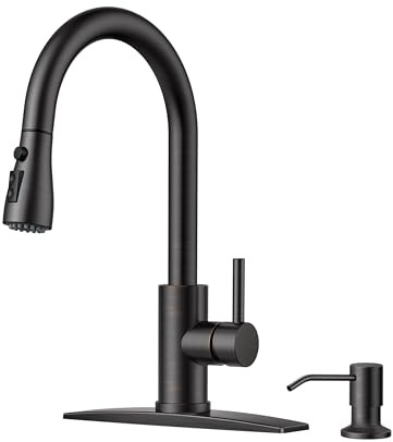 FORIOUS Kitchen Faucet with Soap Dispenser and Pull Down Sprayer, High Arc Single Handle Classic 3 Modes Stainless Steel Faucet for Kitchen Sink Farmhouse RV Bar Laundry Camper, Oil Rubbed Bronze