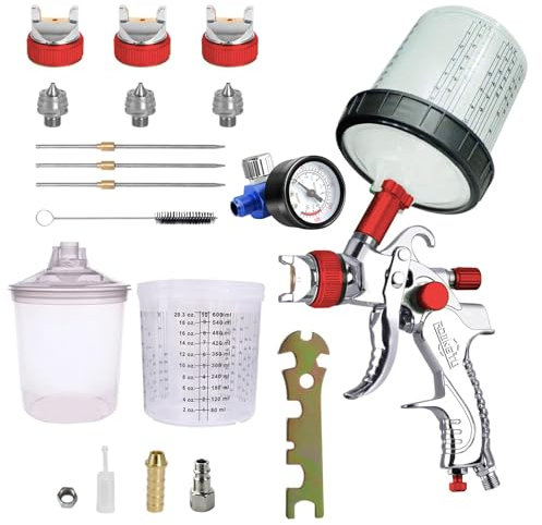 Awsuc HVLP Professionnel Pistolet à Peinture 600cc avec 3 Buses 1,4mm 1,7mm 2,0mm, avec régulateur d'air, jetables gobelet jetable 600ML et gobelet mélangeur de Couleurs (Rouge)