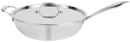 Royalford Triply Stainless-Steel Wok Pan with Lid – Deep Stir Fry Pan with Induction Base – Long Handle Frying Pan Kadai Cooking Pan for Shallow & Deep Frying, Induction Bottom, 30cm