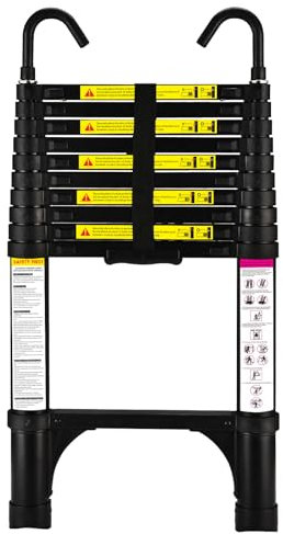 HBTower Escamotable en Aluminium,Echelle telescopique 3.2M/10.5FT avec Crochets,Echelle plianteConvient aux Camping-Cars, greniers, extérieurs et intérieurs, Charge Max 150 kg (Noir)