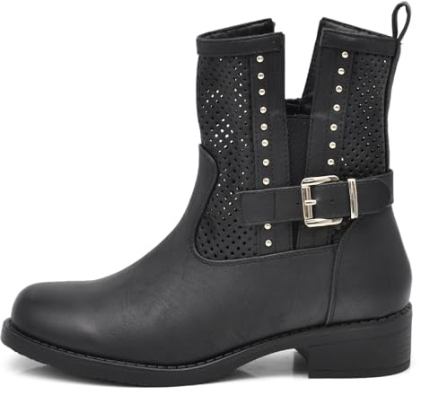IF Fashion Stivali Stivaletti Biker Motociclista da Donna Traforato Con Fibbie Borchie Primaverili Estivi Pelle Sintetica G677 Nero N.37