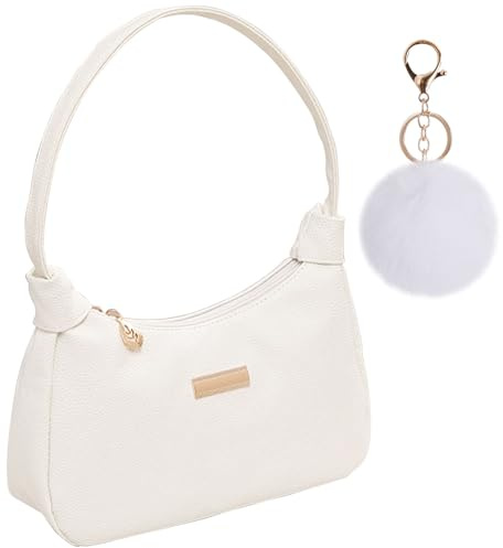 GWAWG Bolsas de hombro para mujer, bolsa de hombro de nailon, bolsa de axilas, mini bolsos con llavero de pompón y cierre de cremallera, regalo para Navidad, cumpleaños y aniversario, White, 27*23*7