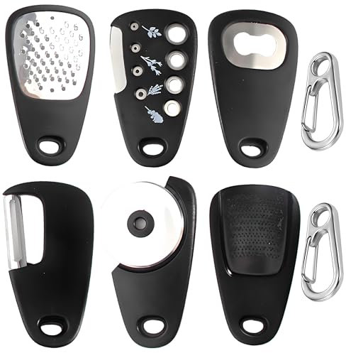 6 PCS Portable Kitchen Gadget, Kitchen Gadgets Set Space Saving with 2 Pieces Carabiner, Multifunctional Fruit Peeler, Grater, Peeler, Pizza Cutter, Large Grinder, Stainless Steel Camping Accessories