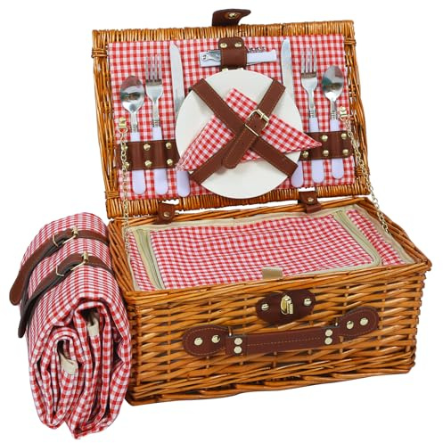 HYBDAMAI Panier de pique-nique pour 2 personnes, avec compartiment isotherme et couverture de pique-nique imperméable, sangle amovible, sac à vin, couverts, pour le camping, la plage, la randonnée, le