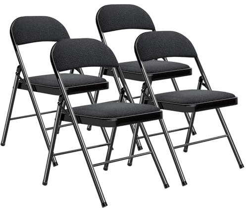 BULAGE Gartenstuhl Klappbar, Metal Esstisch Stühle 4er Set für Esszimmer Küchen Wohnzimmer, Outdoor Klappstuhl für Garten Camping Balkon Terrassen, Gartenstühle Besucherstuhl mit Stoff-Kissen,Schwarz