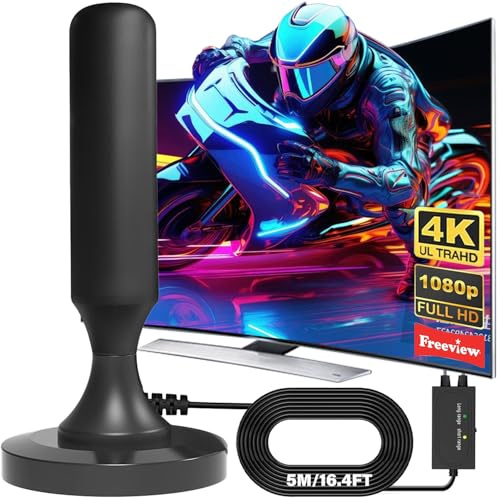 Antena DVB-T2 con amplificador interior y exterior – Potente antena interior para TV 4K HD Recepción – Antena de TV con base magnética y cable coaxial de 5 m – Compatible con todos los receptores