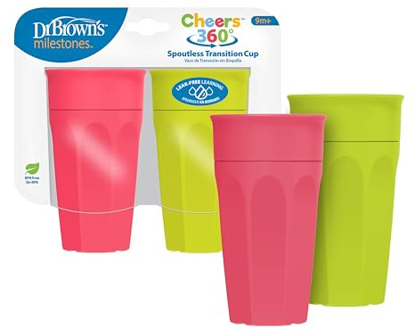 Dr. Brown's Milestones Cheers 360 Spoutless Transition Cup, Travel Friendly and Leak Free Sippy for Babies and Toddlers, Green and Pink, BPA-Free, 10 oz/300 mL, 9m+