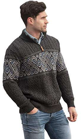Aran Crafts Men's Irish Cable Knit Half Zip Jacquard Sweater (X4843-LARGE-CHAR) Charcoal