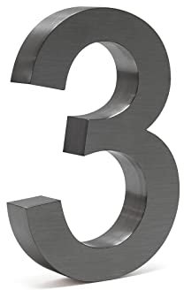Wiltec Hausnummer 3 anthrazit Edelstahl Hausnummer in modernem 3D-Design, Höhe 20 cm, Schrift Arial, rostfrei und witterungsbeständig, mit Montagematerial