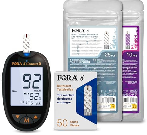 FORA Blutzuckermessgerät Set (mg/dl) – inkl. 50 Stück Blutzucker-Teststreifen, 25 Stück 3-in-1 Teststreifen (Glukose, Hämatokrit, Hämoglobin, einzeln verpackt) & 10 Stück β-Keton-Teststreifen