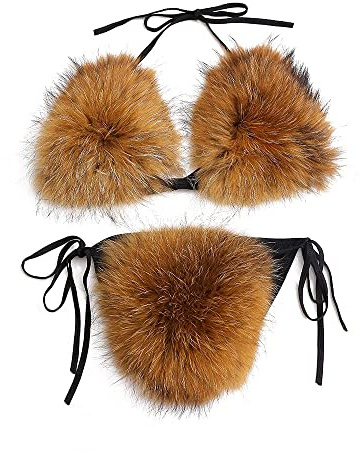 ZOSCGJMY Women's Faux Fur Halter String Triangle Bikini Sets Two Piece Swimsuits (Brown)