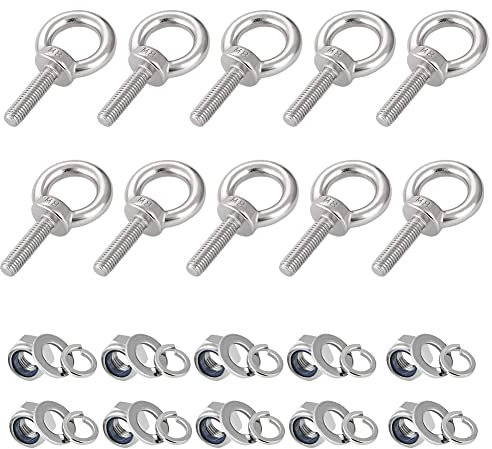 hannger Eye Bolts with Nuts, M8 10Pcs EyeBolts Stainless Steel Machinery Shoulder Lifting Ring Eye Bolt Heavy Duty Screws Bolt with Lock Nuts & Lock Washers, Flat Washers - Thread Length 30mm