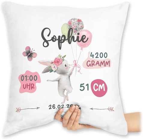 Kissen 40x40 Zierkissen - Geburtsgeschenk Hase Maß Gewicht I Geschenk zur Geburt personalisiert - 40 x 40 cm - Weiß - personalisierte Babygeschenk personalierste Geschenke Baby neugeboren größe