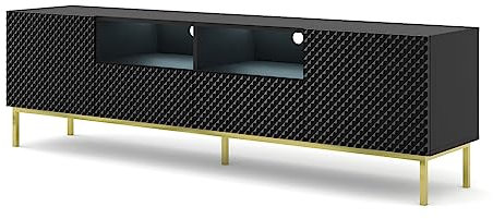 Homlando TV Schrank Lowboard Ravenna CCK Diamant 2D2S 200 cm – Moderner TV-Stand mit Stauraum für das Wohnzimmer – Sideboard – für Fernseher bis zu 80 Zoll – Hochglänzendes Schwarz und Rautenstruktur