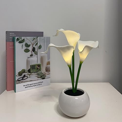 YUNBIAOSEN White Calla Lily Lamp LED Simulation Calla Lily Night Lamp with Ceramic Vase Bedside Light for Home Living Room Desktop Decorations (White)