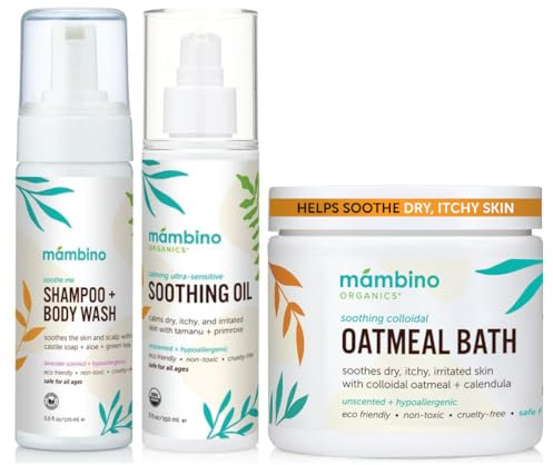 Mambino Organics Soothing Bath Set, Organic Oatmeal Bath Soak, Soothe Me Shampoo & Body Wash, and Calming Oil, Gentle for Sensitive Skin, Vegan, Baby Bath Essentials, 3-Pack, 5.5 oz Each