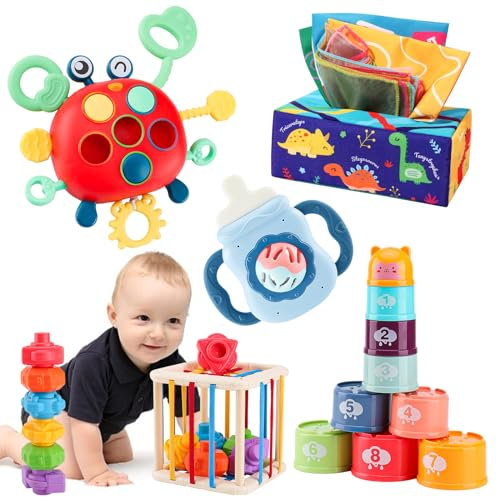 Baby Spielzeug für 6 12 18 Monate Montessori Spielzeug Sensorisches Motorikspielzeug Stapelspielzeug Blöcken Formsortier Würfel Krabbe Spielzeug Baby-Taschentuchbox Spielzeug Beißring Spielzeug