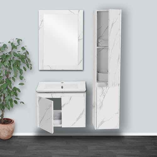 Mendler Badezimmerset HWC-L86, Waschtisch Wandspiegel Hängeschrank Waschbecken, MVG Melaminbeschichtet - Marmor-Optik weiß