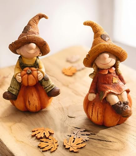 2X Dekofigur Kürbiswichtel Wichtelpaar auf Kürbis, 17 cm hoch, Halloweendeko, Outdoor Herbstdeko für Draußen, Gartendeko-Figur, Gartenwichtel, Deko-Kürbisse, Erntedank