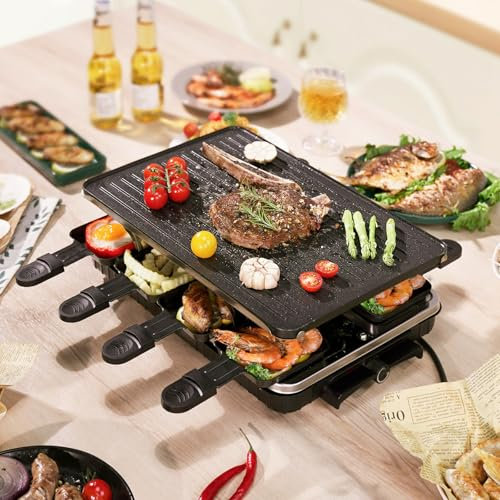 Plancha EléCtrica Para Interiores 1300W, Control Temperatura Ajustable,8 Sartenes Para Raclette Y Queso Y 2 EspáTulas Madera, Parrilla Antiadherente Para Barbacoa, Para Familias Y Fiestas