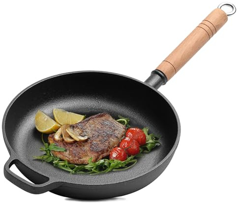 BOYIFEIJIE Gjutjärnspanna, obelagd järnpanna, gjutjärn stekpanna av högrent järn med handtag av massivt trä, naturlig non-stick-effekt, stekpanna för alla typer av spisar inklusive induktion (27 cm)