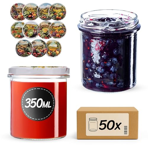 KADAX Tarros de mermelada de 350 ml con tapa de rosca fi82 mm, tarros pequeños con tapa, tarros para conservas, conservas y conservas, tarros de rosca (caja de verduras, 50 unidades)