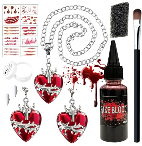 Set 19 Accessoire Vampire Femme - Faux Sang avec Dracula Bijoux Halloween Collier Vampire y Boucles d'oreilles,Fausse Cicatrice Tatouages,Peinture Blanche et Eponge,Pinceau,pour Halloween Cosplay
