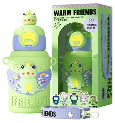 SYTTNUM Tazza Termica a Tema Frog, Borraccia Termica per Bambini, Bottle in Acciaio Inossidabile Frog, Chiusura di Sicurezza Facile da Aprire con Cannuccia, Adatta per Bevande Calde e Fredde