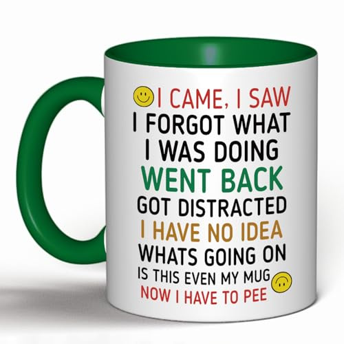 Funny 'I Came, I Saw, I Forgot' Coffee Mug – Humorous Gift for Men & Women, Perfect for Birthday Gifts, Christmas Presents & Office White Elephant (Dark Green-Colorful Text)