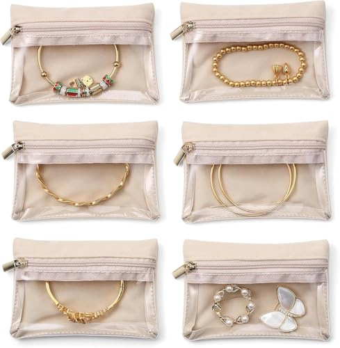 Polly Online 6 Pcs Travel Jewelry Bags,Jewelry Pouch Bag, Clear Velvet Zipper Pockets Storage Bag Organizer Case for Women Girl Gift