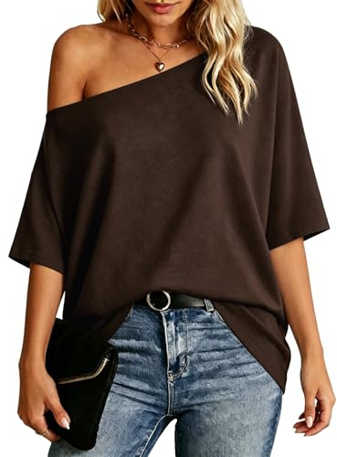 Dressmine Womens T Shirts Summer Off Shoulder Tops Ladies Cold One Shoulder Brown Blouse Plus Size Loose Short Sleeve Outfits XL