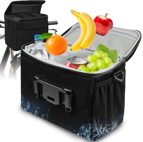 TOUYINGER Bolsa para manillar de bicicleta con forro térmico, bolsa de bicicleta de 6 l, resistente al agua, cesta delantera con adaptador, soporte para teléfono móvil, pantalla táctil