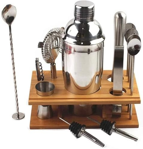 Kit de Barman, Juego de coctelera de 14 Piezas con Elegante Soporte de bambú, Juego de coctelera Martini, Juego de Herramientas de Barra Profesional de Acero Inoxidable, Kit coctelería