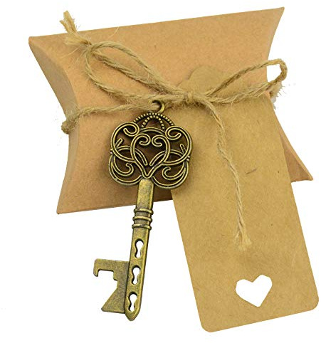 Makhry 50pcs Favor de la Boda Regalo de Recuerdo Set Almohada Caja de Dulces Esqueleto de la Vendimia Llave Abrebotellas Escort Gracias Etiqueta French Cordel de Yute de 98 pies (Bronce Antiguo)