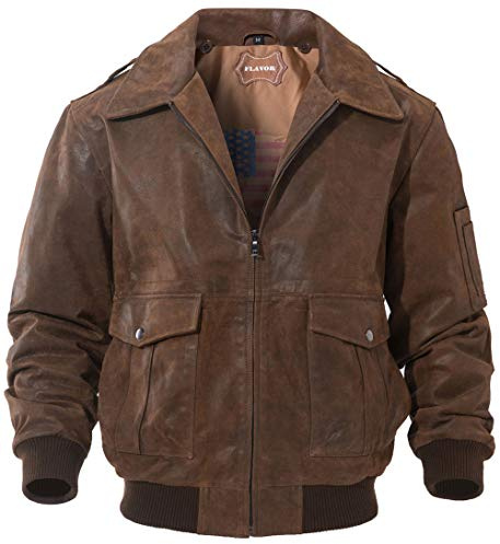FLAVOR Men's Leather Flight Bomber Jacket Air Force Aviator (X-Large, Brown)