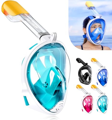 HINATAA Máscara de Buceo, 180°Panorámica Máscara de Snorkel de Cara, Anti-vaho Anti-Fuga,con Tapones con Tapones para los oídos Impermeables,GoPro Mount Easy Breathe para Adultos,Niños (Verde, S/M)
