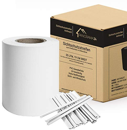 Panorama24 Strisce frangivista in PVC bianco RAL9010, 70 m x 19 cm, con clip di fissaggio, doppia asta per recinzione da giardino, pellicola opaca