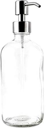 1 flacon rond en verre transparent vide, 473,6 g, avec pompe en argent, pour produits de toilette, liquides, douche, shampooing, après-shampooing, savon pour les mains