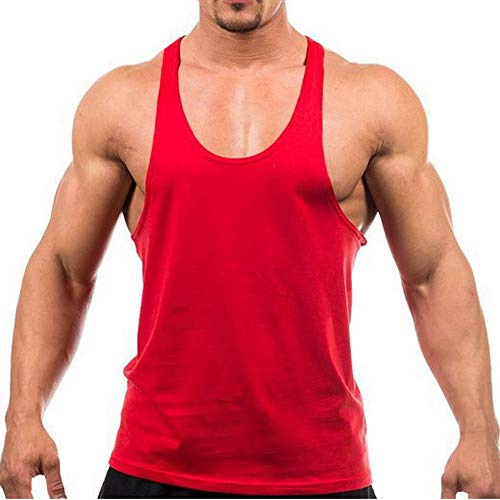 Men's Stringer Gym Tank Top Shirt Print Cotton Bodybuilding Sport Vest (XL, Red)