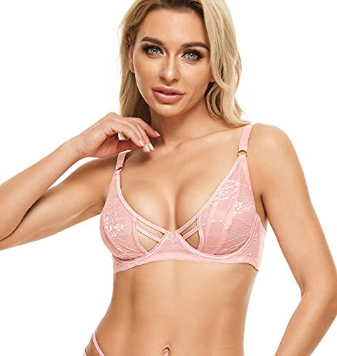 ANGABRIEL Damen Voller Brust Strappy Floral Lace Bra Sheer Mesh Plunge Bra Unwattiert Ungefüttert Durchsichtig BH, rose, 75F