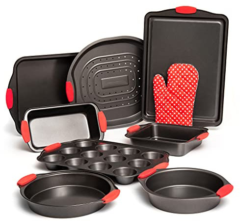 Moss & Stone 9 Piece Baking Pans Set Non Stick, Oven Safe Baking Sheet Set Carbon Steel Non-Stick PTFE Coating, Bakeware Set With Heat Red Silicone Handles, Black Baking Trays For Oven