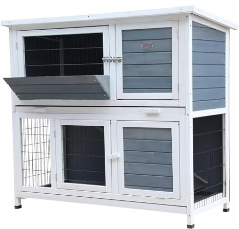 BUNNY BUSINESS 4ft 2-Tier Double Decker Rabbit/Guinea Pig Hutch Hutches with Sliding Trays & Ramp Run Hutches Cage Guinea Pig Ferret House Home Double Decker (Grey)