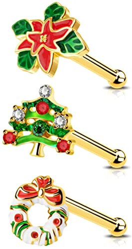 OUFER Body Piercing Nasenpiercing Schmuck 20G Weihnachten Tag Nasenstecker 3 Stück 316L Edelstahl Nasenring Bar Knochen gerade Stecker Piercing, Edelstahl, Stahl